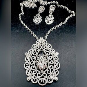 Vintage Estate CROWN TRIFARI Necklace & Clip-on Set, Silver Tone Filigree Signed
